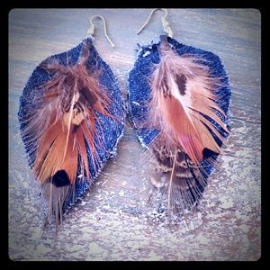 Leaf Shaped Denim Earrings with Brown Feathers.